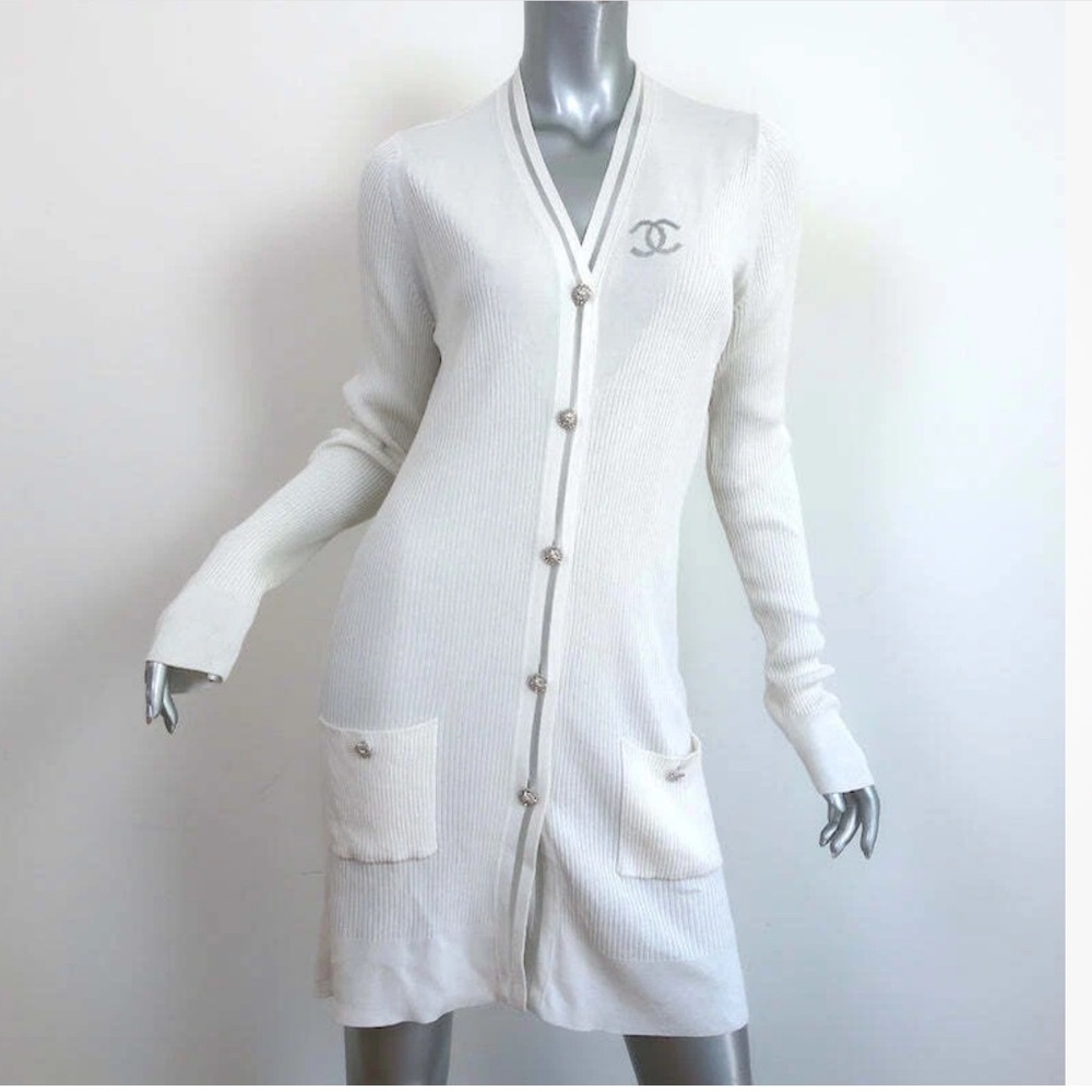 Chanel white v neck cardigan cotton blend size 42